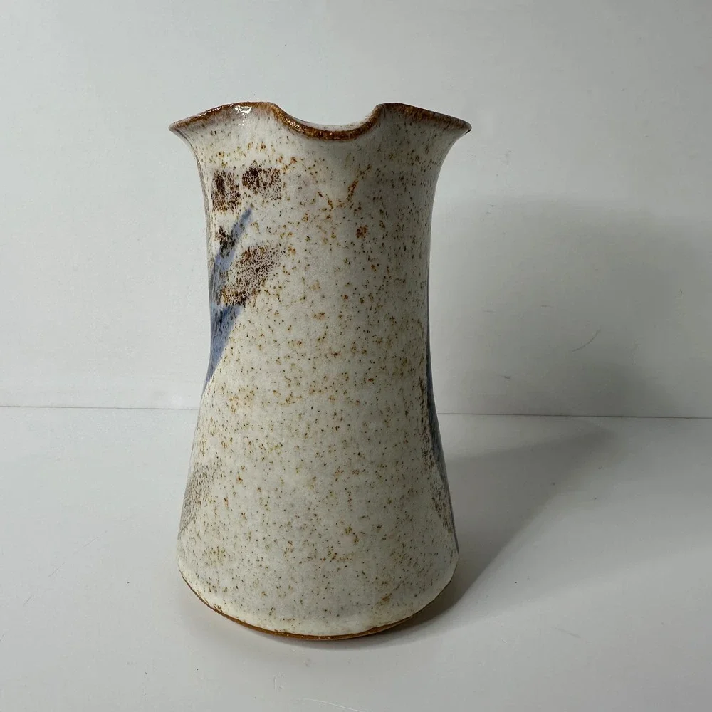 Studio Pottery Vase Signed Wings Pitcher Speckled Glaze Blue Floral Stoneware 6